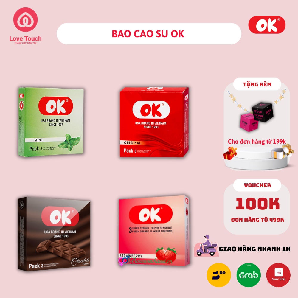 Bao cao su OK hộp 3 chiếc LOVE TOUCH Không mùi,hương dâu,hương bạc hà,hương nho