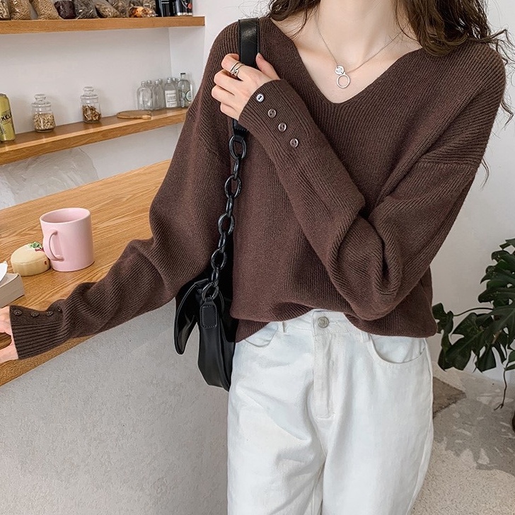 Áo kiểu ZHELIHANGFEI dệt kim tay dài cổ chữ V dáng rộng phong cách sang trọng thời trang trẻ trung cho nữ