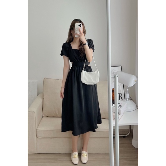 Đầm váy midi khoét eo cổ vuông tay bồng siêu xinh
