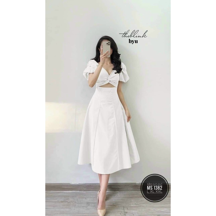 Đầm nữ thời trang mặc đi chơi chất lụa xoắn tay phồng ngắn cổ V phối hở eo váy xoè xếp ly phong cách Hàn Quốc