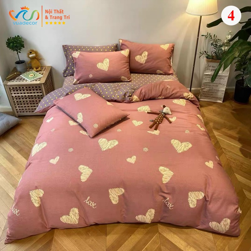 Set vỏ chăn ga gối VUADECOR cotton Poly họa tiết trái tim trang trí, decor phòng ngủ phong cách Hàn Quốc