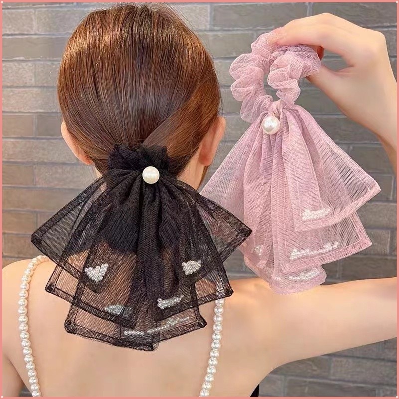 Dây Buộc Tóc Cao Su Co Giãn Bọc Da Đính Nơ Phong Cách Hàn Quốc Cho Nữ