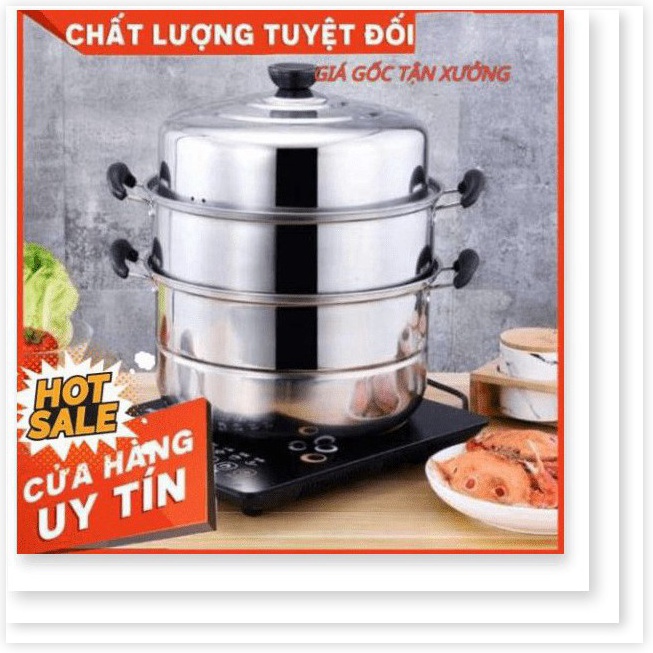 Nồi hấp xửng hấp 3 tầng hấp gà xôi bánh bao chất liệu inox cao cấp size 28cm dùng được bếp từ