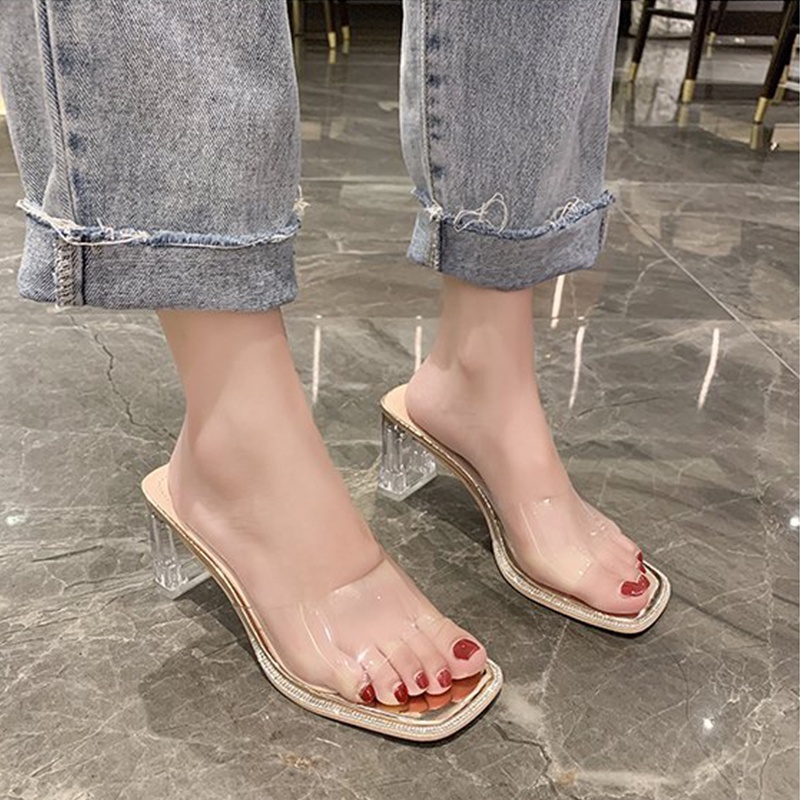 Big Size 35-42 Dép cao gót XIELUAIZTA mũi vuông quai trong suốt thời trang cho nữ