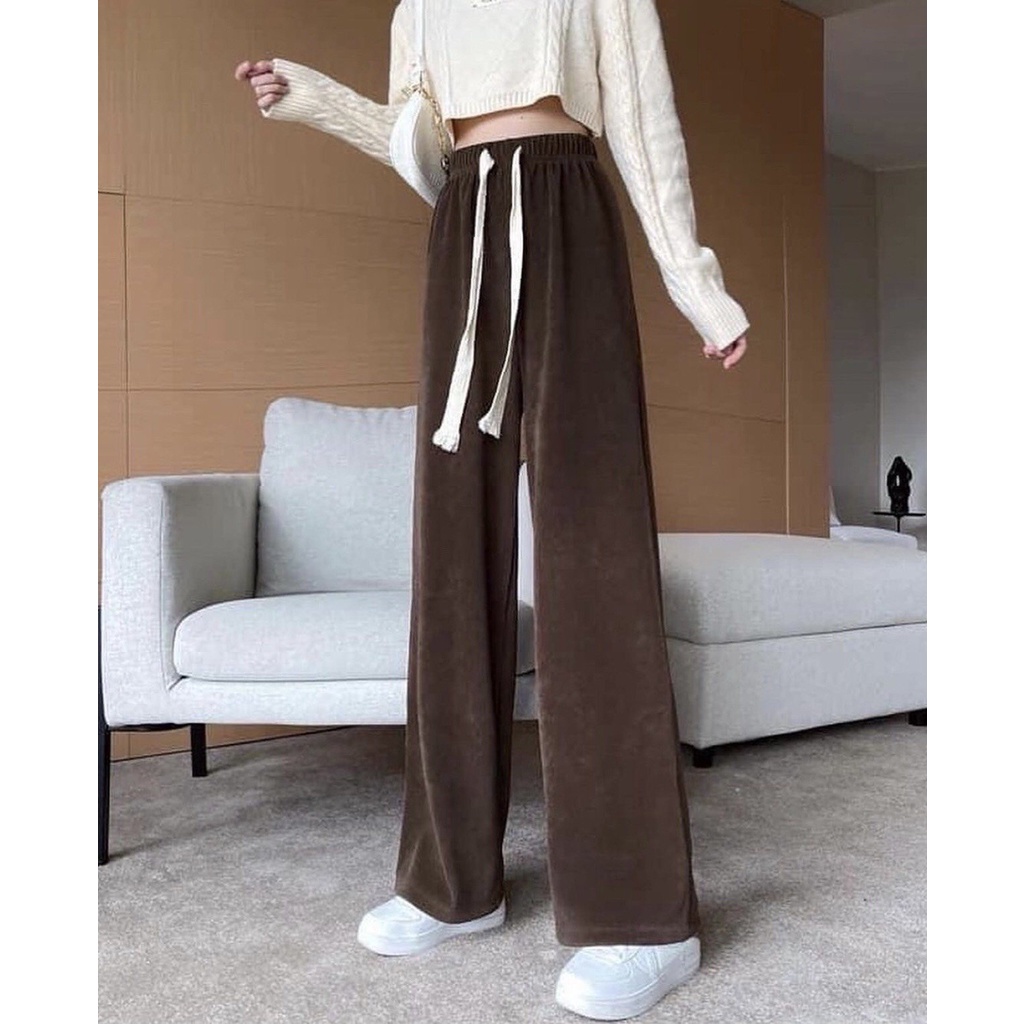 Quần Ống Rộng Nhung Gân Ulzzang, lưng cao nhung gân dáng dài ống suông