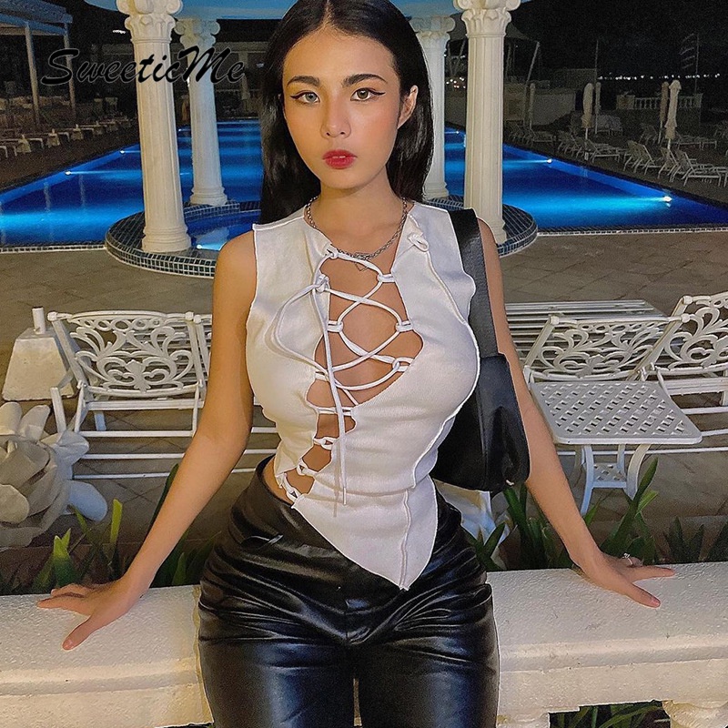 Sweeticme Áo Sát Nách Cổ Tròn Phối Cà Vạt Quyến Rũ Cho Nữ 2021 | BigBuy360 - bigbuy360.vn