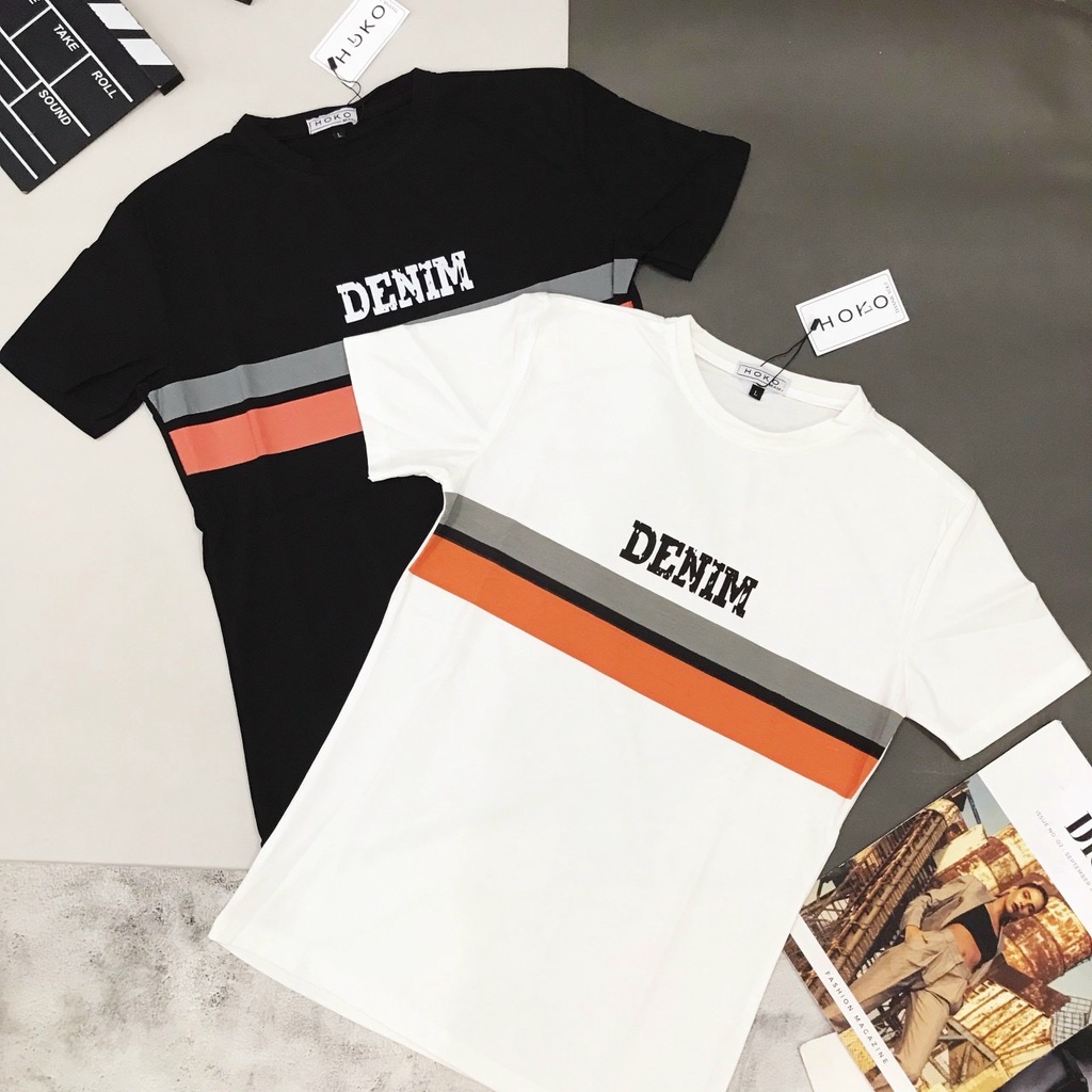 Áo thun nam cổ tròn vải cotton co giãn in chữ "DENIMM" kẻ ngang tạo điểm nhấn chuẩn from thiết kế trẻ trung SOHEO STORE