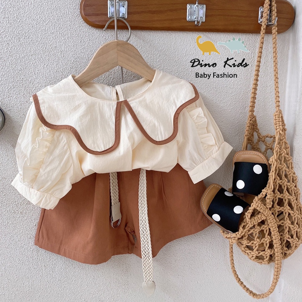 Sét đồ bé gái kiểu dáng vintage, set áo kem cổ viền lượn sóng kèm quần nâu phong cách Hàn Quốc size bé 10-30kg
