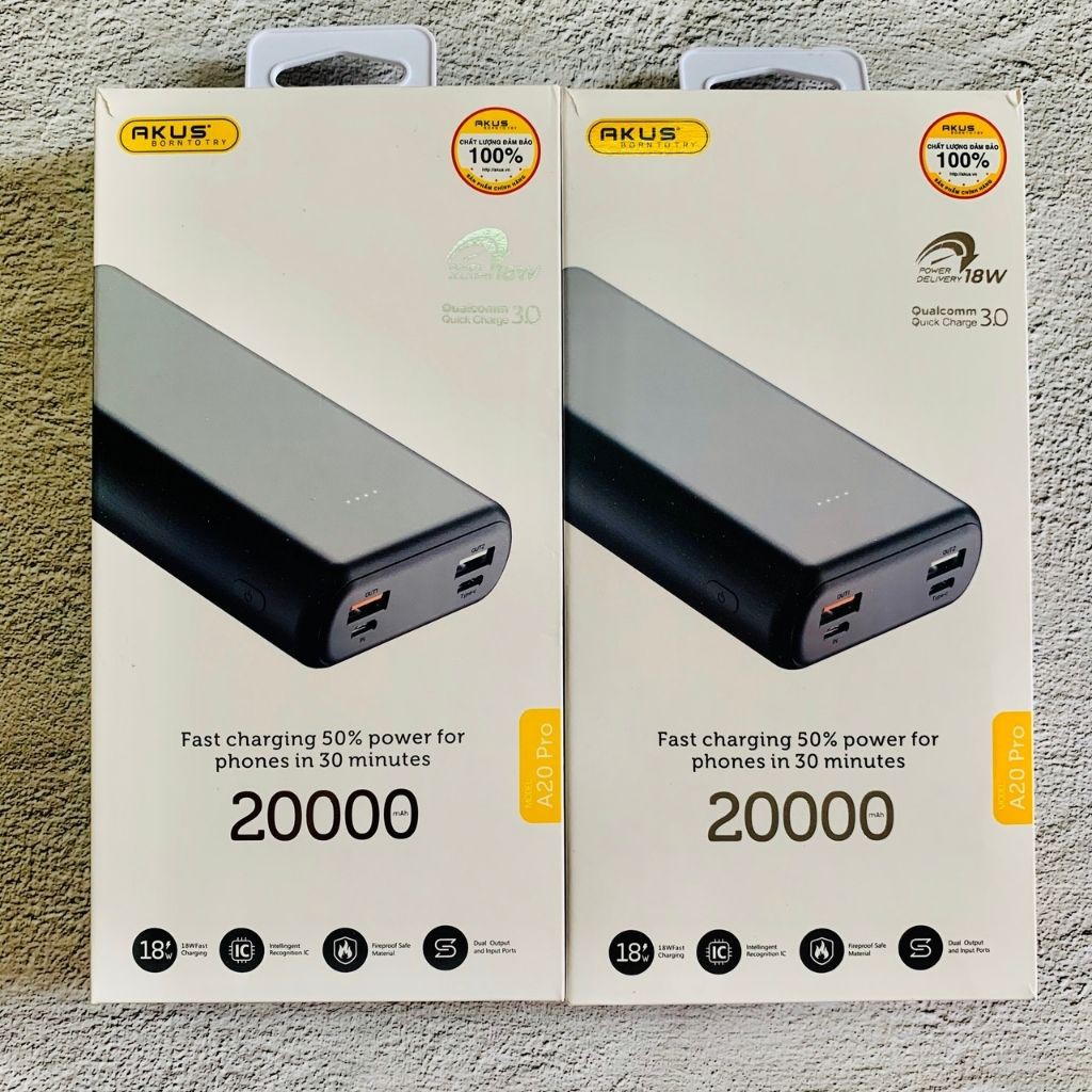 Sạc dự phòng AKUS A20 Pro 20000 mAh - sạc nhanh QC 3.0 cho IPhone, IPad, Samsung và nhiều dòng máy