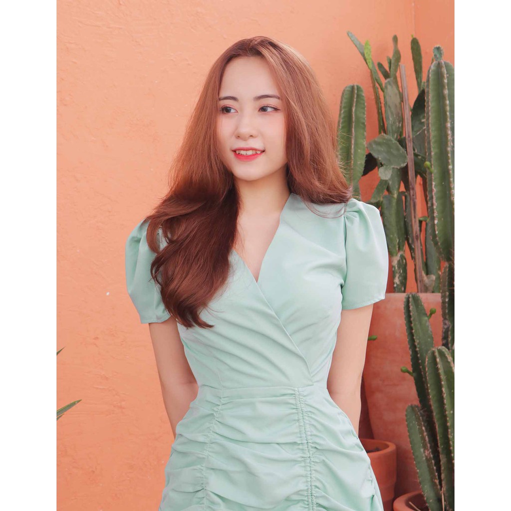 Đầm nữ dự tiệc thiết kế sang trọng dáng chữ a cổ v xanh ngọc tay ngắn SIÊU TÔN DÁNG may 2 lớp mềm mát BAO XINH - Lux W