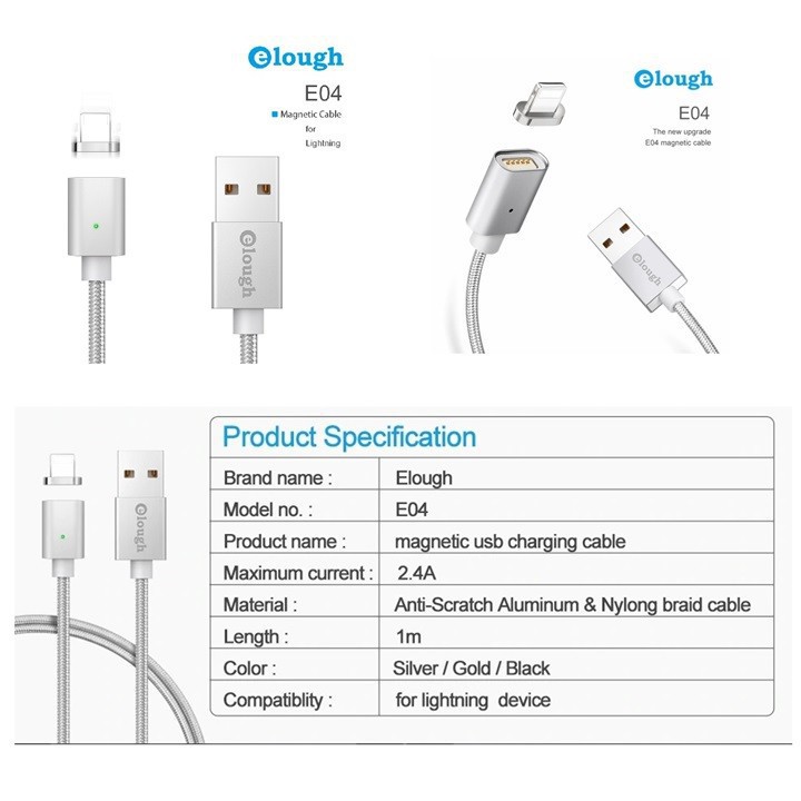 Cáp Sạc Từ Lightning Iphone Hít Nam Châm Elough Chính Hãng