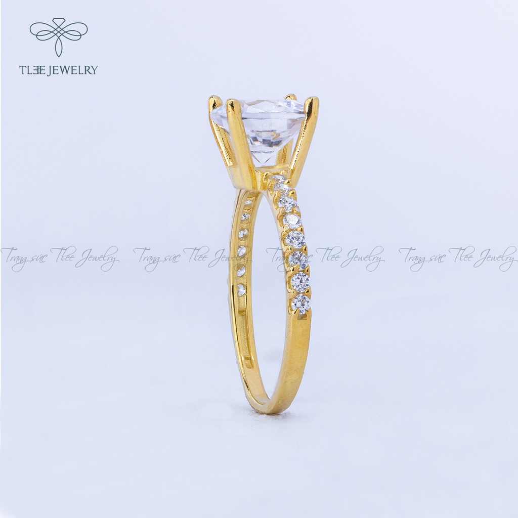 Nhẫn bạc nữ TLEE trụ đá bốn chấu mạ vàng 14k ổ đá 8li sang trọng NCJ A0150