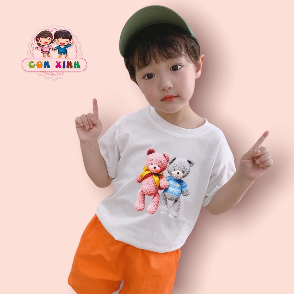Áo thun bé trai CON XINH cotton in hình 2 Chú Gấu Bông, áo thun trẻ em từ 4 đến 8 tuổi