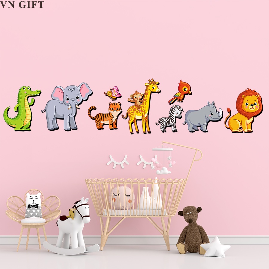 Set tranh gỗ hành trình muôn thú gồm 10 con vật làm bằng gỗ cao cấp trang trí nhà cửa, có sẵn băng dính 2 mặt siêu dính