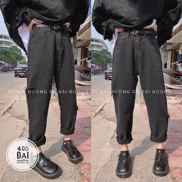 Quần jean nữ Bingshop - quần baggy bò Unisex rách đũi màu xám khói dáng dài form rộng freeship