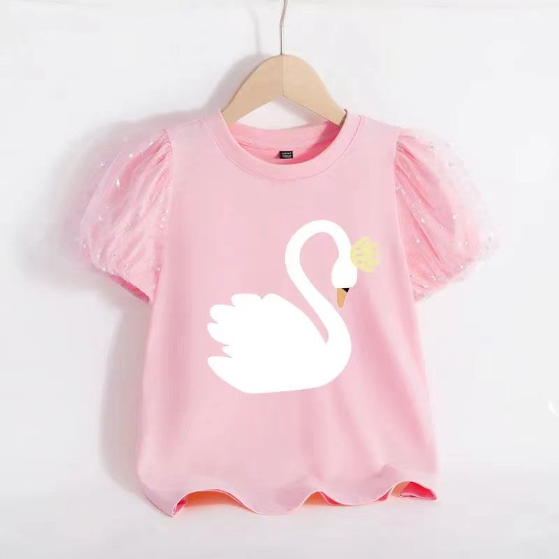 Áo Thun Tay Ngắn Phồng Bằng Cotton In Họa Tiết Dành Cho Bé Gái