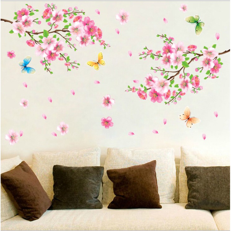 Decal dán tường trang trí - CÀNH ĐÀO HỒNG CÙNG BƯỚM XUÂN