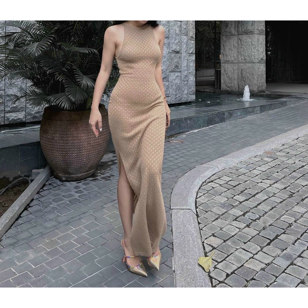 đầm ba lỗ dáng yếm dáng dài xẻ tà chất gân mềm lk