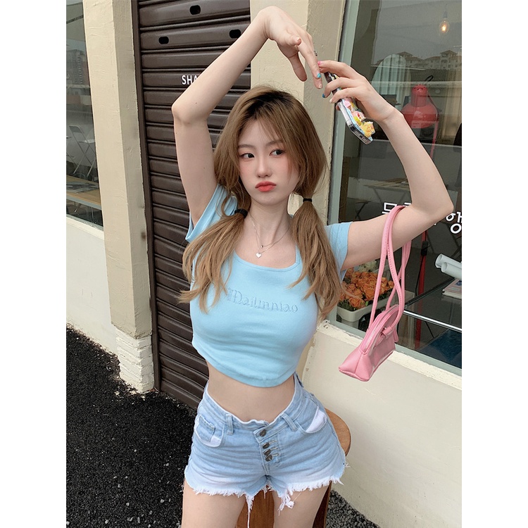 Cocory vn Áo Croptop Tay Ngắn Cổ Vuông Thêu Họa Tiết Thiết Kế Độc Đáo Thời Trang Mùa Hè Quyến Rũ Cho Nữ