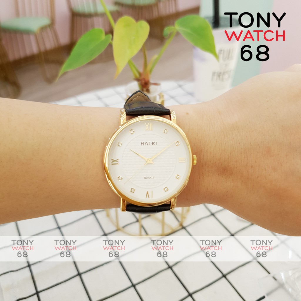 Đồng hồ đôi đeo tay nam nữ Halei dây da viền vàng chính hãng chống nước đính đá Tony Watch 68 | BigBuy360 - bigbuy360.vn