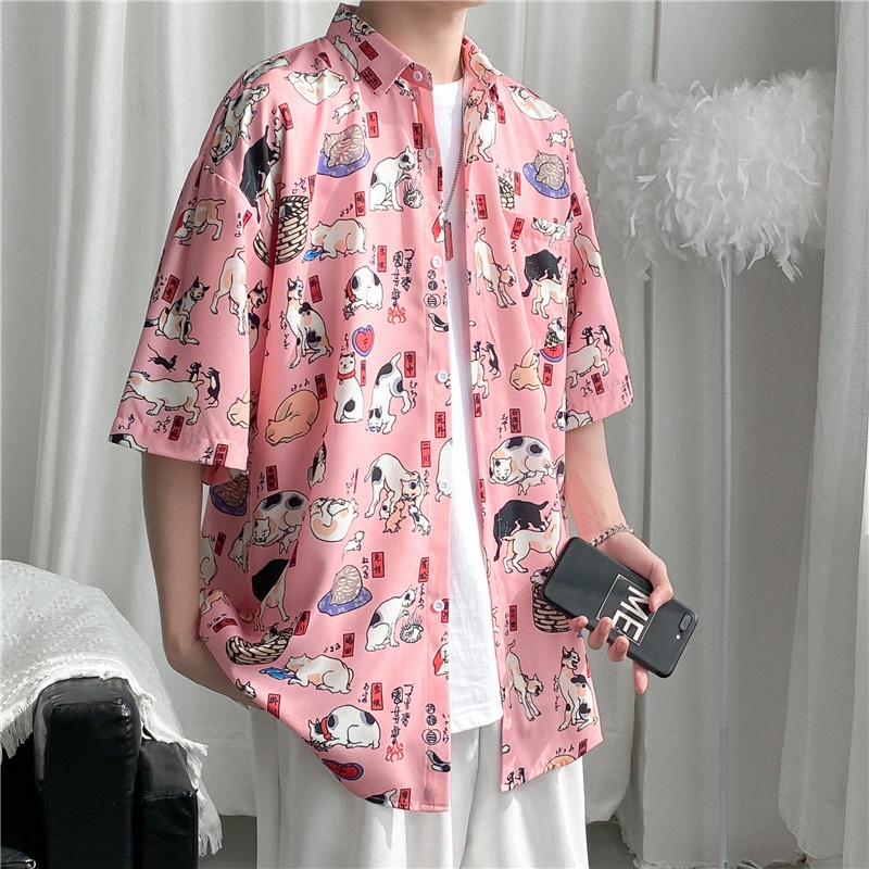 Slim Short Sleeve T-shirt Printed with Japanese Cartoon Cats and Dogs Slim Design Summer Fashion Men's 2022