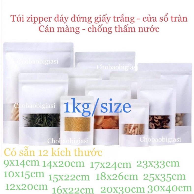 {Mua lẻ giá sỉ} 1kg/ size Túi zipper giấy Kraft GIẤY TRẮNG đáy đứng cửa sổ tràn CÁN MÀNG - CHỐNG THẤM NƯỚC (sp y hình)