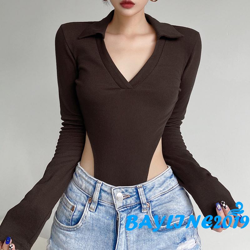 Áo liền thân tay dài cổ V màu trơn gợi cảm size S/M/L cho người lớn
