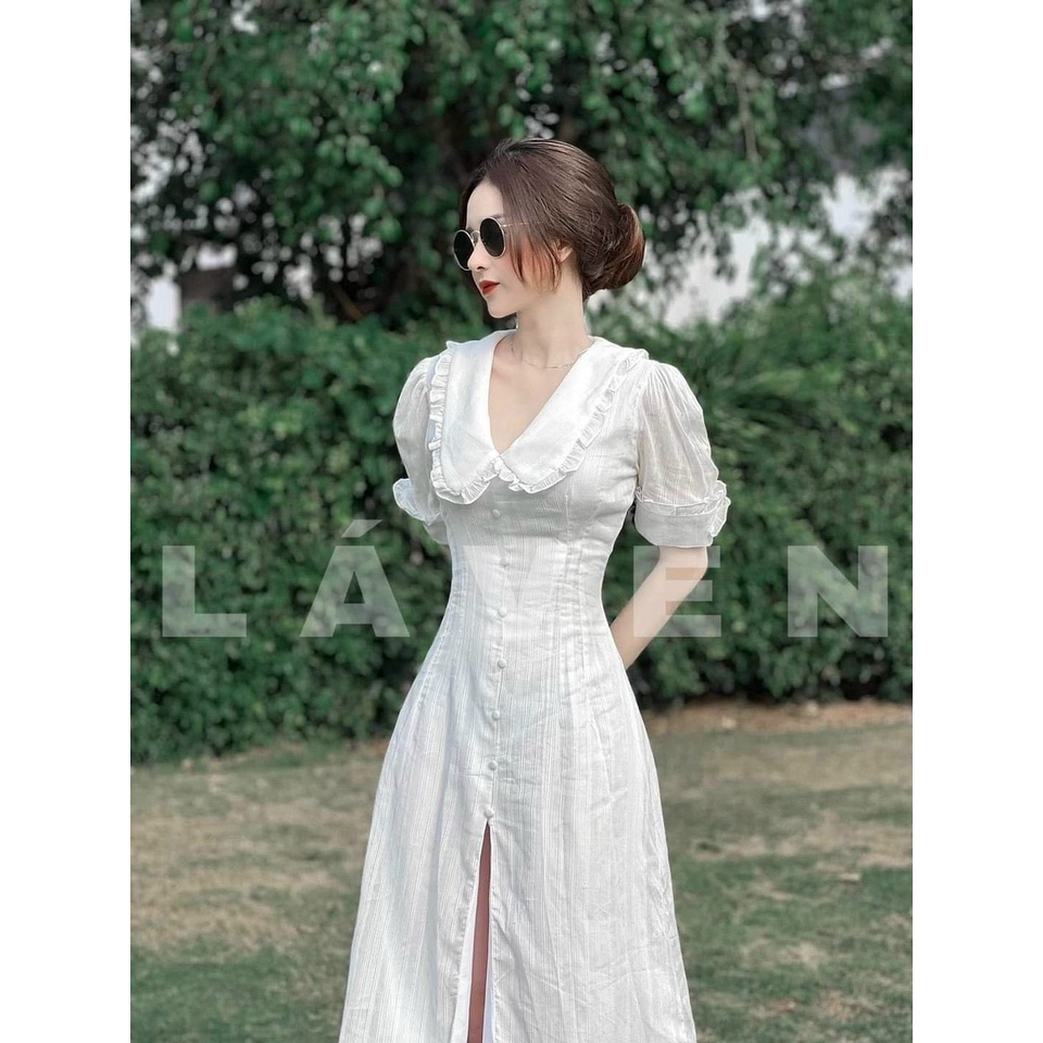 Đầm midi dáng dài xẻ tà cổ bèo tiểu thư dễ thương có 2 màu trắng, cam