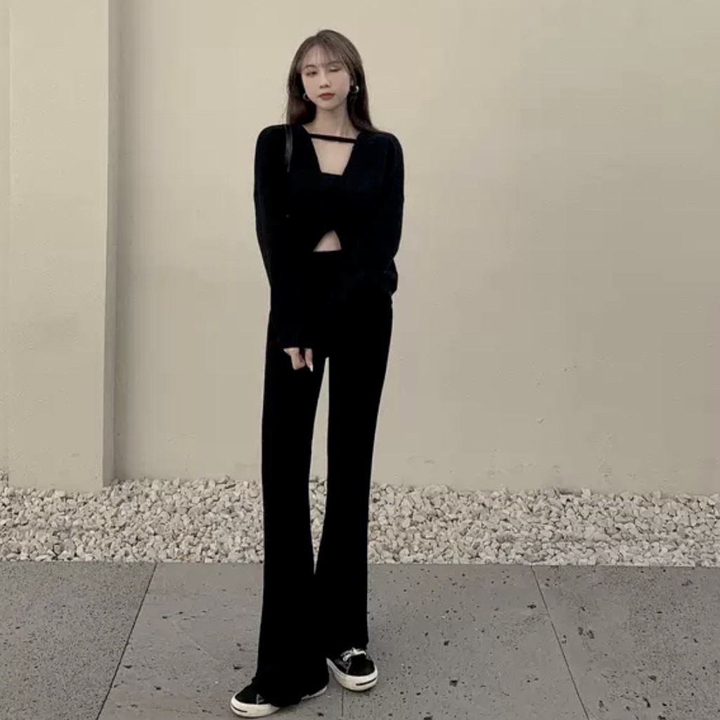 A24 Set Bộ Áo Dài Tay Cutout Kèm Quần Dài Suông Culottes Thời Trang Thu Đông
