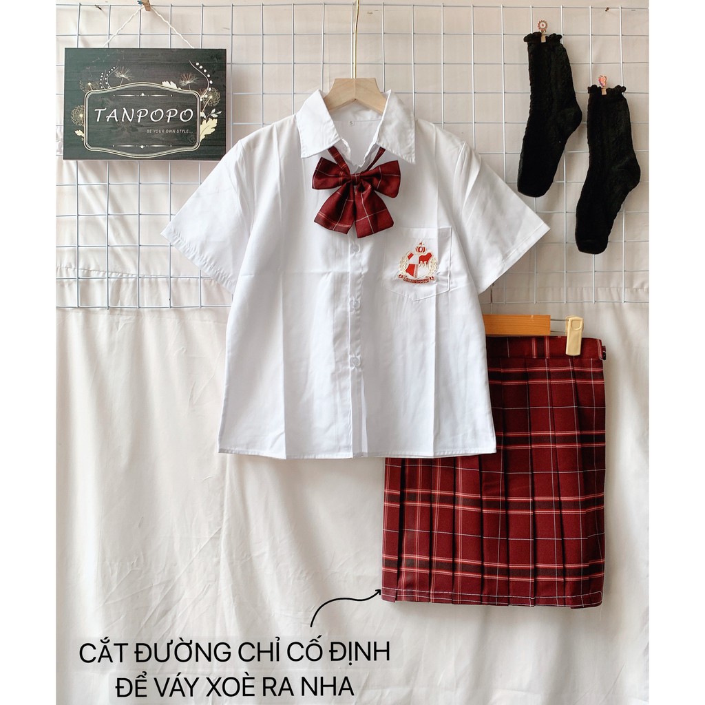 [SẴN SIZE S] Seifuku/ JK/ Set váy đồng phục học sinh: áo sơ mi thêu huy hiệu hoàng gia thắt nơ + chân váy xòe xếp ly