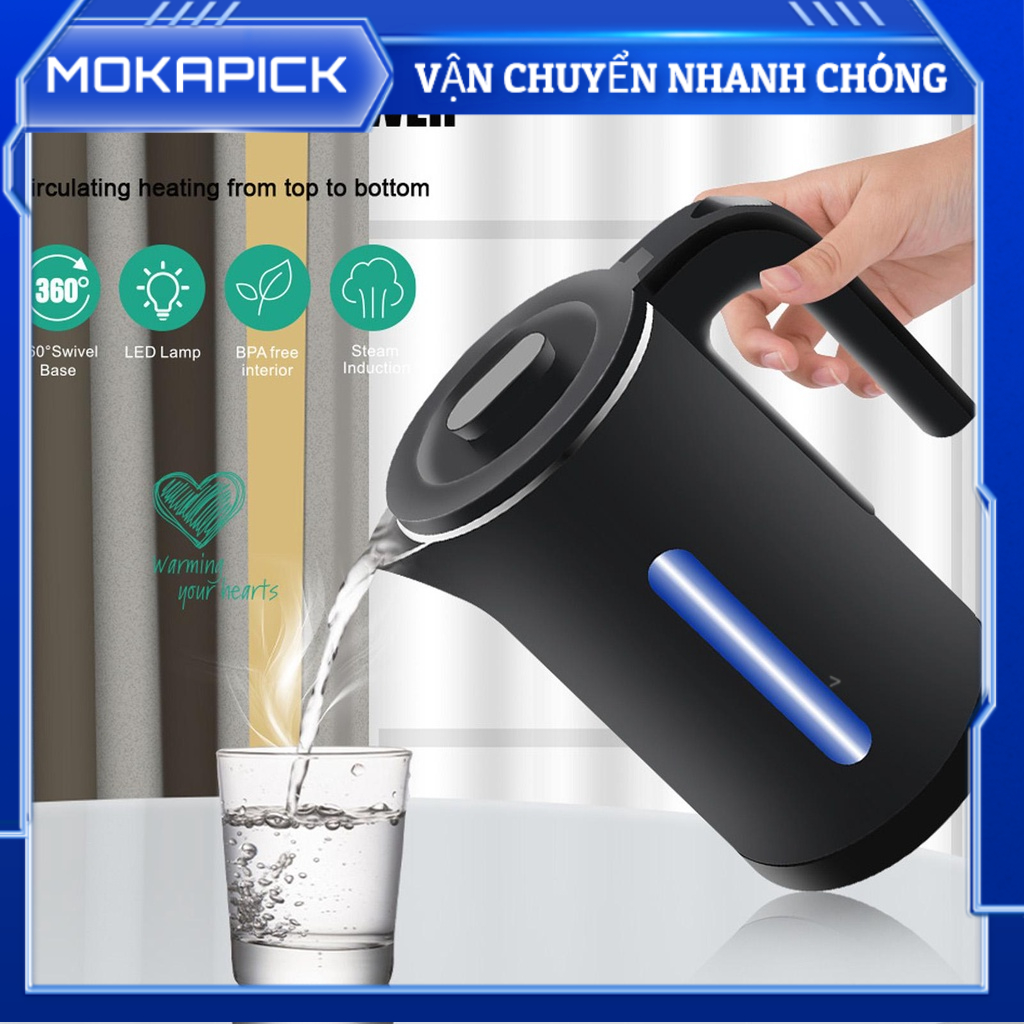 Bình đun siêu tốc, Ấm siêu tốc, 2.3L, Hai Lớp Bằng Thép Không Gỉ 2000W Mokapick