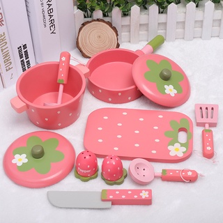 Bộ đồ chơi nhà bếp nấu ăn nồi chảo gỗ họa tiết dâu tây mother garden FUDAER