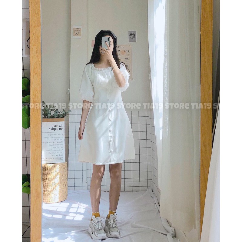 Váy cúc bọc trễ vai Tia19. Đầm tiểu thư trắng bẹt vai dáng xoè ( ẢNH THẬT )