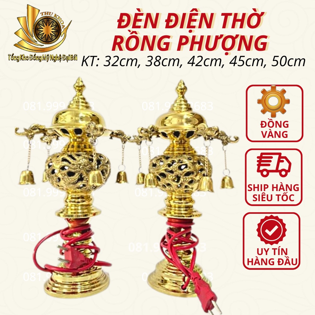 Đôi Đèn Thờ Bằng Đồng Vàng Bóng, Sang Trọng Giá Rẻ Kèm Dây Cắm Điện Đồ Đồng Đại Bái Miễn Phí Vận Chuyển Toàn Quốc