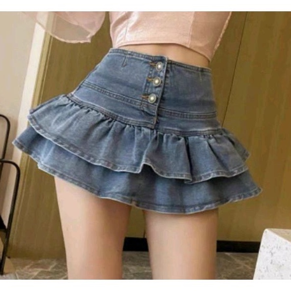 Chân váy jean ly xòe 2 tầng 3 nút cá tính, 3 sizeu