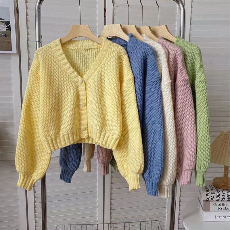 Áo Khoác Cardigan Dệt Kim Tay Dài Cổ Chữ V Màu Sắc Ngọt Ngào Thời Trang Thu Đông Cho Nữ