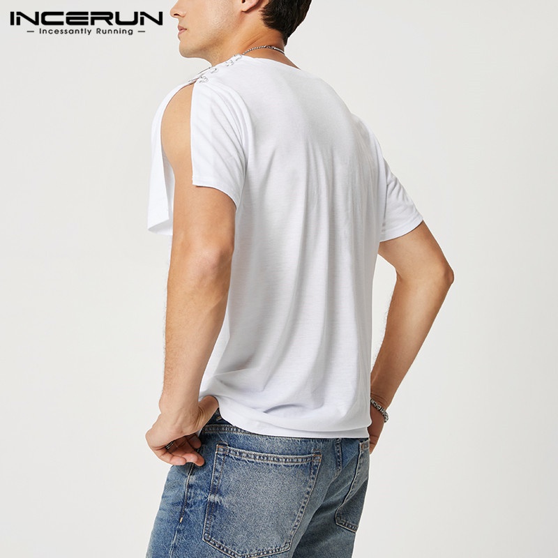 INCERUN Áo Thun Tay Ngắn Màu Trắng Thiết Kế Xẻ Tà Thời Trang Cho Nam