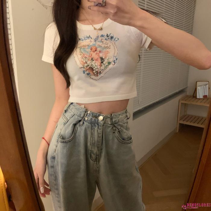 Áo Croptop Tay Ngắn Cổ Tròn Hoạ Tiết Thiên Thần Cho Phái Nữ