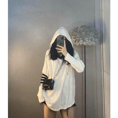 Áo mũ hoodie dáng thụng vạch tay cá tính chất đũi giấy mỏng