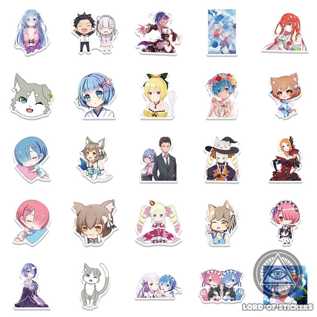 Set 50 Hình Dán Re:Zero Rem Ram Waifu Sticker Cute Anime Manga Chống Thấm Nước Trang Trí Mũ Bảo Hiểm, Laptop, Vali, Sổ