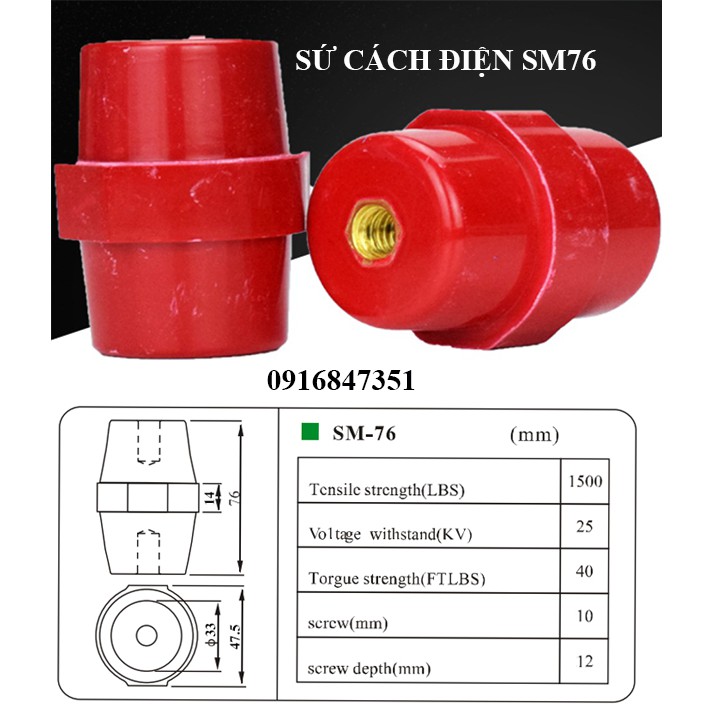Sứ đỡ thanh cái SM76 - đỡ thanh đồng cao 76mm - Sứ hạ thế đỏ SM-76