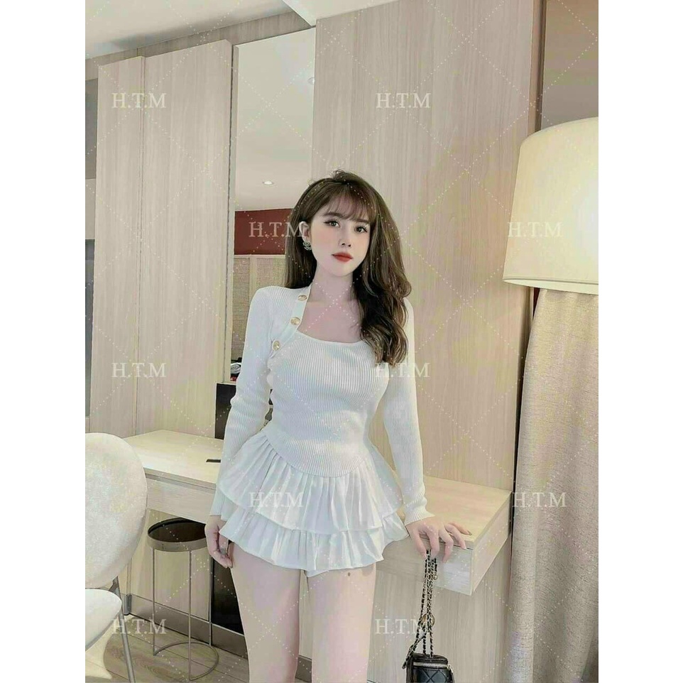 Áo len tăm dài tay đính cúc vai sang chảnh, Chất len co giãn, dáng ôm body, áo len cổ vuông | BigBuy360 - bigbuy360.vn