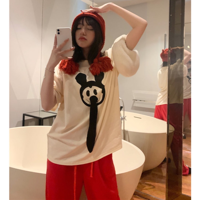 Áo Thun Cổ Tròn Dáng Rộng In Hình Mickey Vui Nhộn Thời Trang Mùa Hè Hàn Quốc Cho Nữ Plus Size