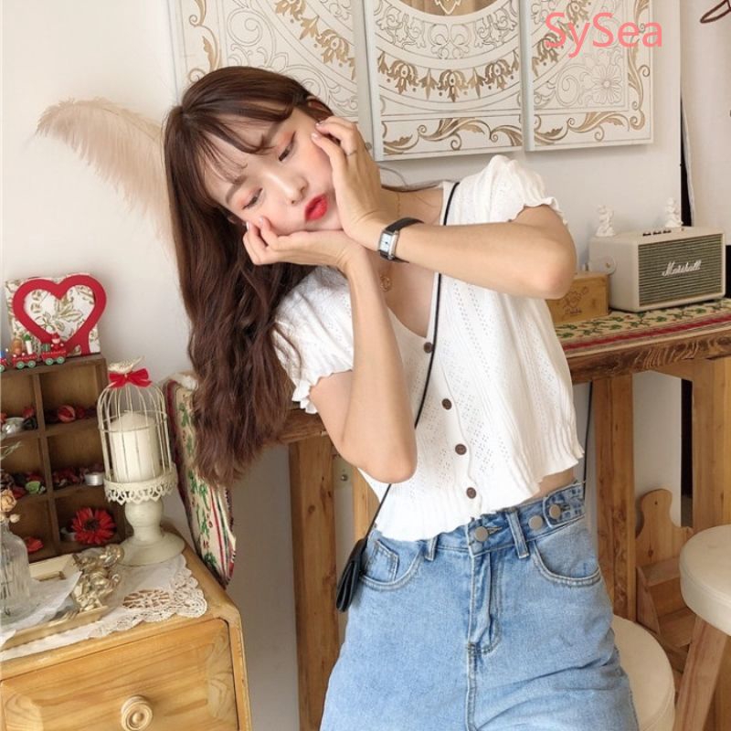 Áo Thun Dệt Kim Cổ Chữ V Phong Cách Retro Cho Nữ