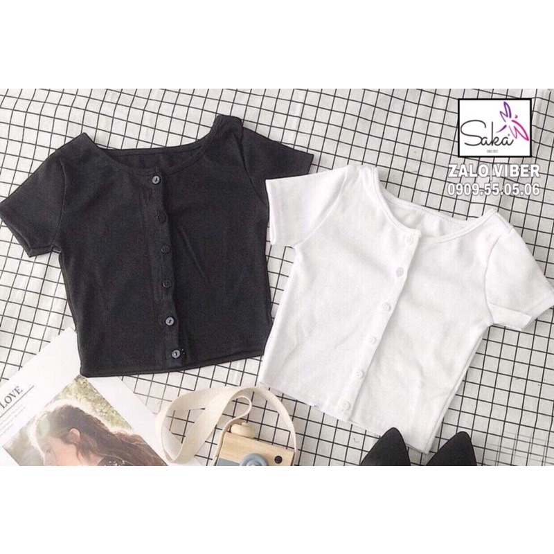 Áo croptop nữ nút trắng đen vải thun gân tăm loại xịn