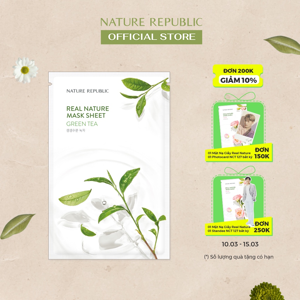 Nature Republic Mặt nạ giấy dưỡng ẩm, ngăn ngừa mụn cho da Real Nature Green Tea Mask Sheet 23ml