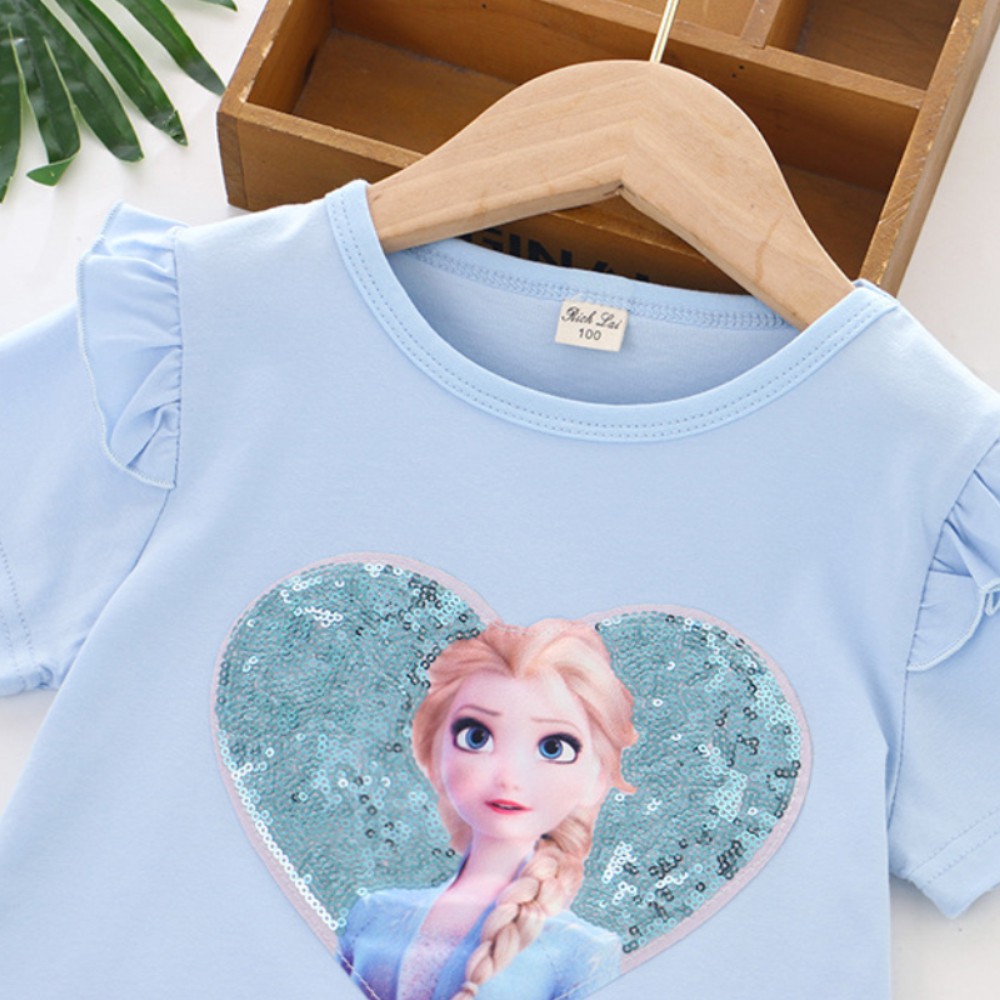 Áo thun cổ tròn tay ngắn in hình công chúa thời trang mùa hè dành cho bé gái