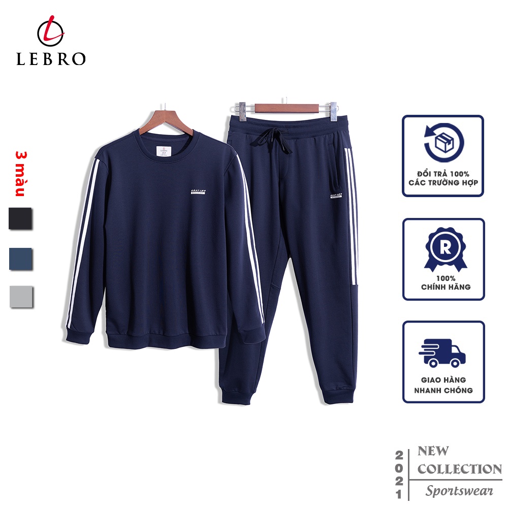 Bộ nỉ nam cổ tròn Lebro kẻ sọc dáng thể thao năng động, chất liệu Cotton cao cấp siêu co giãn không bai xù ( BN03)