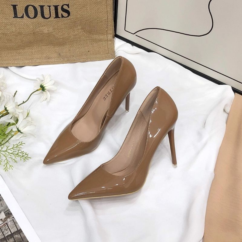 Giày Cao Gót Nữ Cao 9 Phân, Bít Mũi Gót Nhọn. Da Bóng Mềm Không Thấm Nước