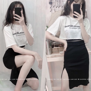 Set áo croptop phối chân váy xẻ tà